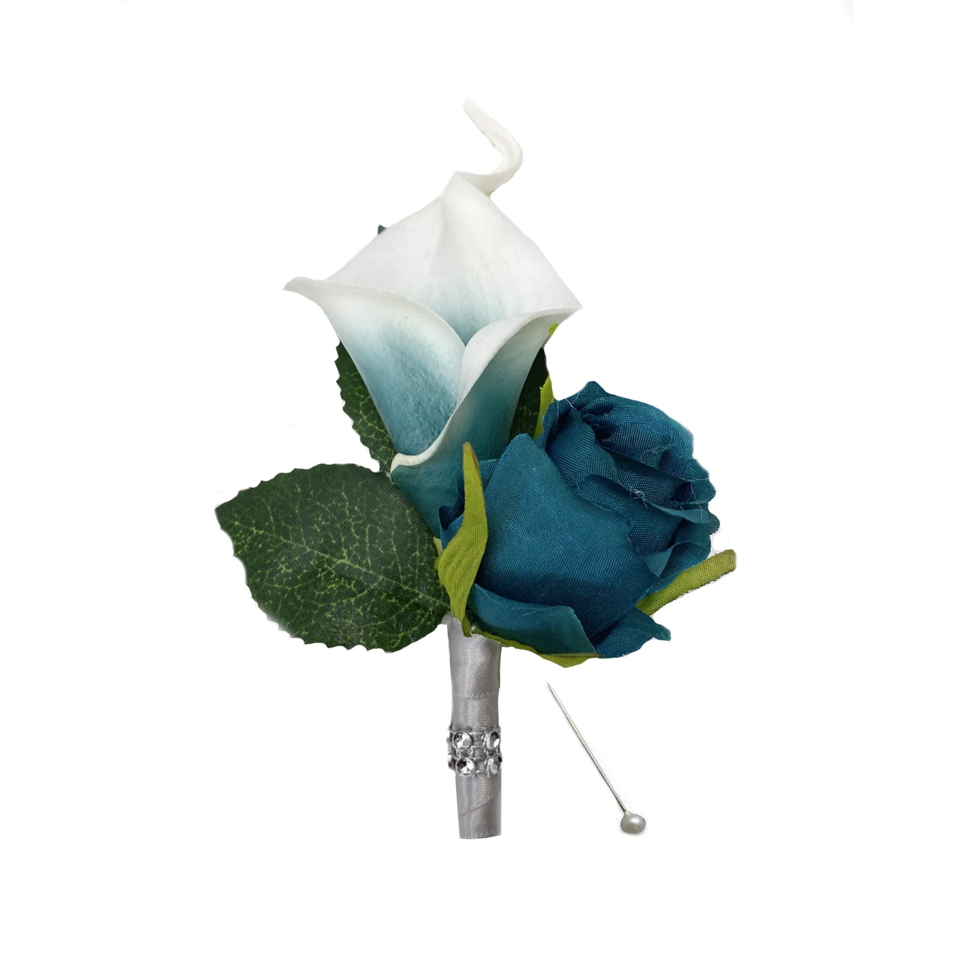 Boutonnieres- Real Touch Artificial Picasso Teal Green Wedding Prom Dance Event Flower Pin Included (Calla Lily+Rosebud)