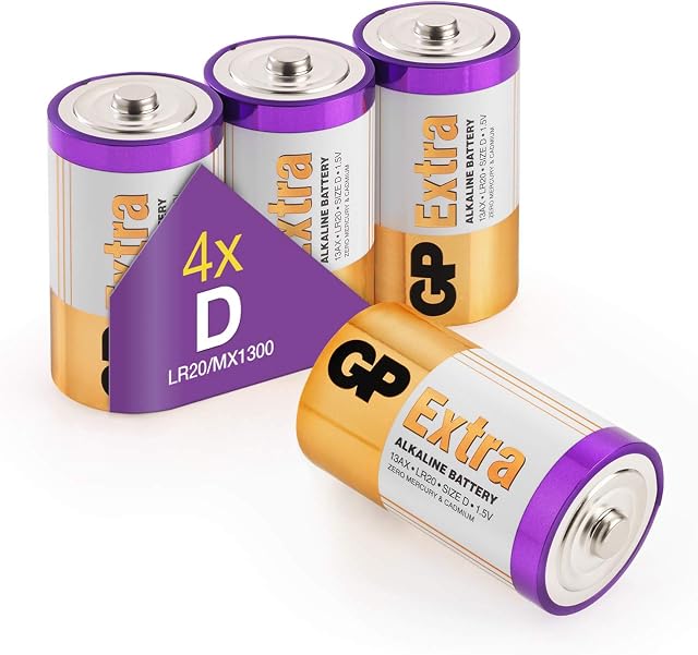 Size/Type D Batteries Pack of 4 LR20 batteries 1.5V by GP Batteries Type D Cell Size Extra Alkaline Batteries ideal for: Toys/Radios/Garden equipment