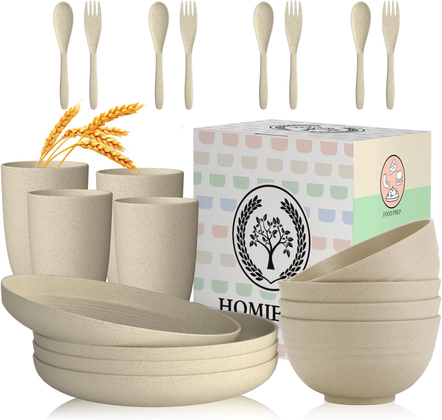 Homienly Wheat Straw Dinnerware Sets, 20pcs Lightweight Unbreakable Dinnerware, Microwave Dishwasher Safe Bowls Cups Forks Spoons set,Perfect for Camping Outdoor, Beige