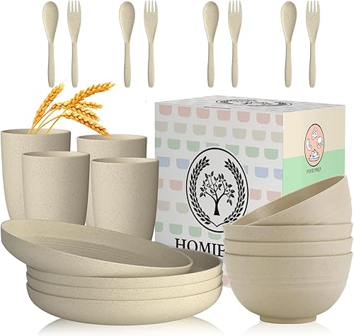 Miniatura 10 de Juegos de vajilla de paja de trigo, Homienly 20 piezas de vajilla irrompible apta para microondas y lavavajillas, cubiertos ligeros, cuencos, tazas,