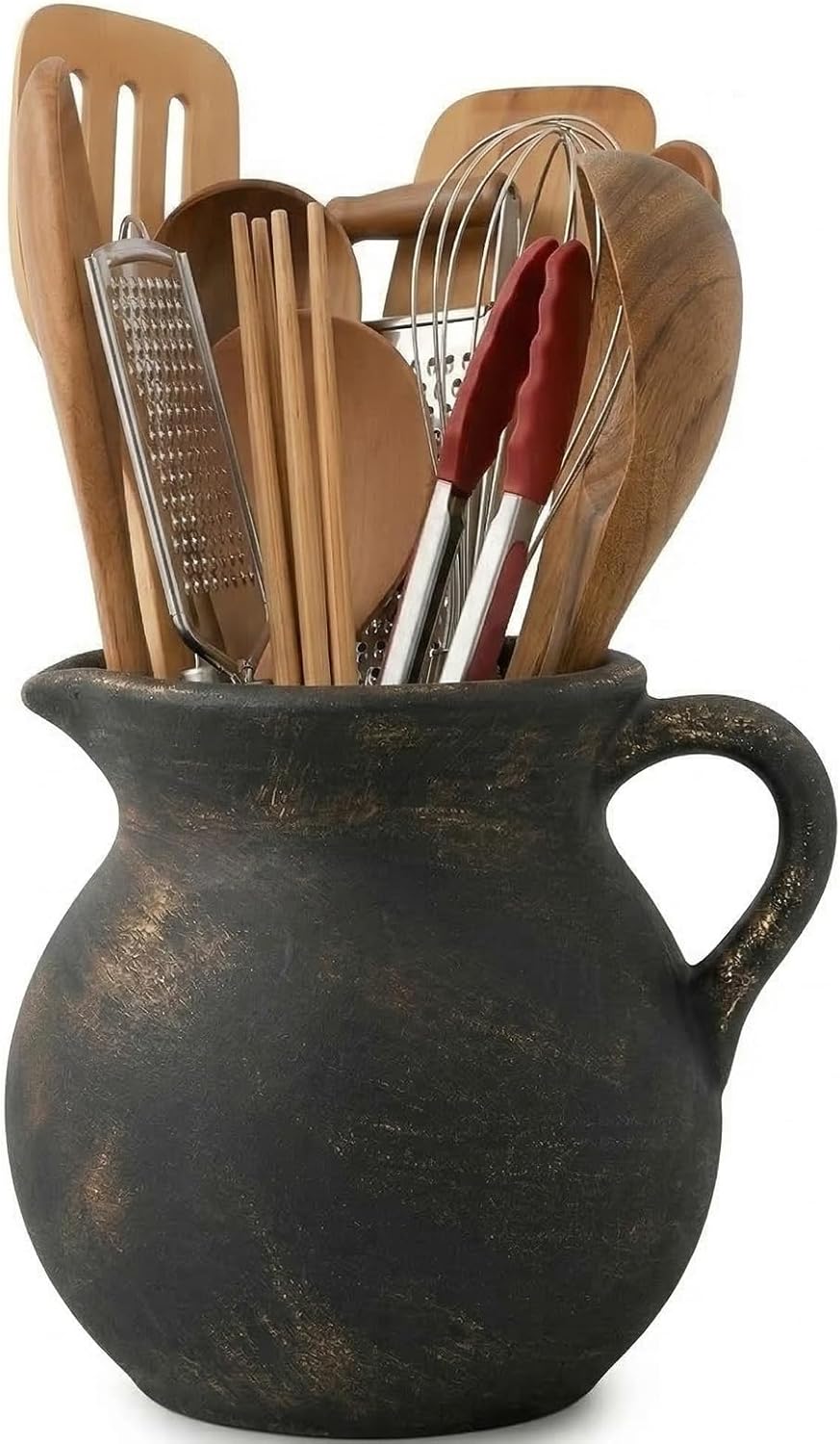 Rustic Kitchen Utensil Holder,7.6 Inch Large Ceramic Utensil Crock for Countertop, Vintage Kitchen Counter Decor,Perfect for Country Kitchen,Stunning Ceramic Vase(black copper)