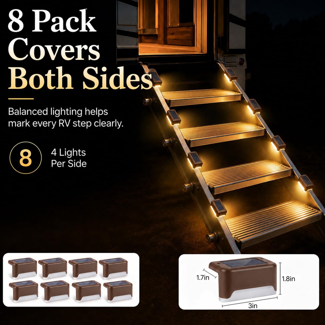 8 Pack Solar RV Step Lights, IP68 Waterproof Warm White Stair Lights