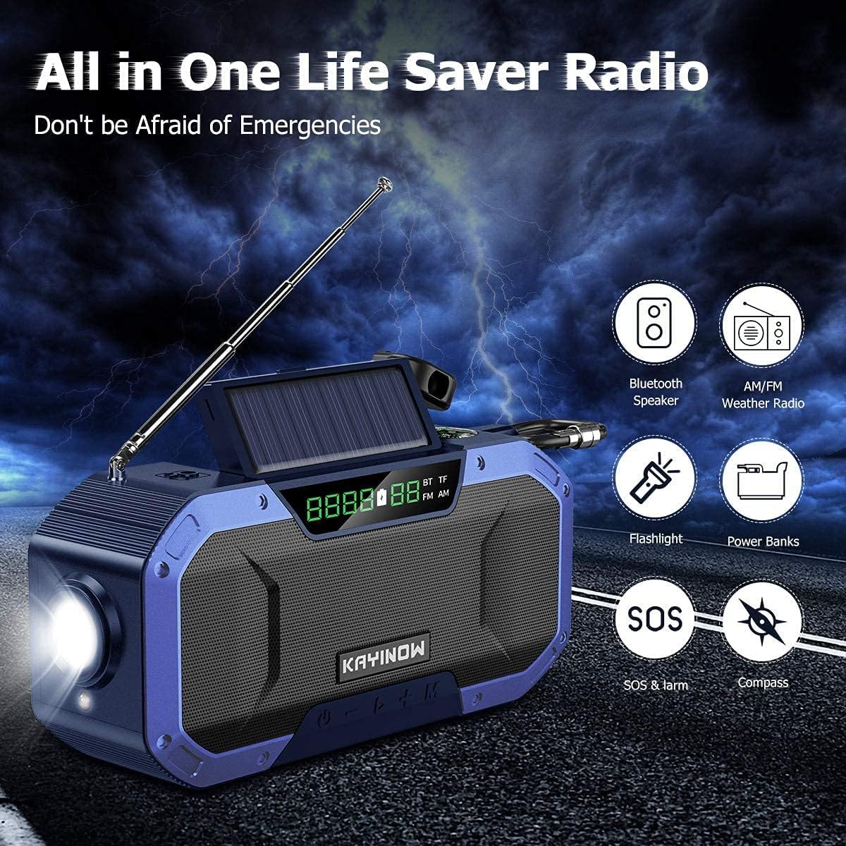 Portable Emergency Radio Bluetoooth Speaker,FM AM WB NOAA Weather Radio w/ 5000mAh Power Bank,IPX5 Waterproof Hand Crank Solar Radio w/LED Flashlight,SOS Alarm,Compass for Outdoor Survival : Electronics