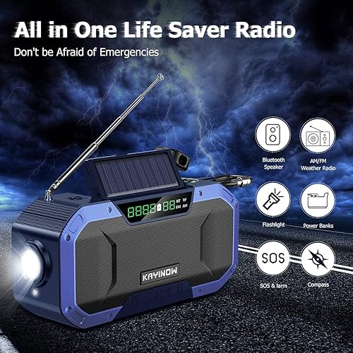 Miniatura 2 de Radio de emergencia portátil Bluetooth, radio FM AM WB NOAA meteorológica con banco de energía de 5000 mAh, IPX5 impermeable manivela solar con