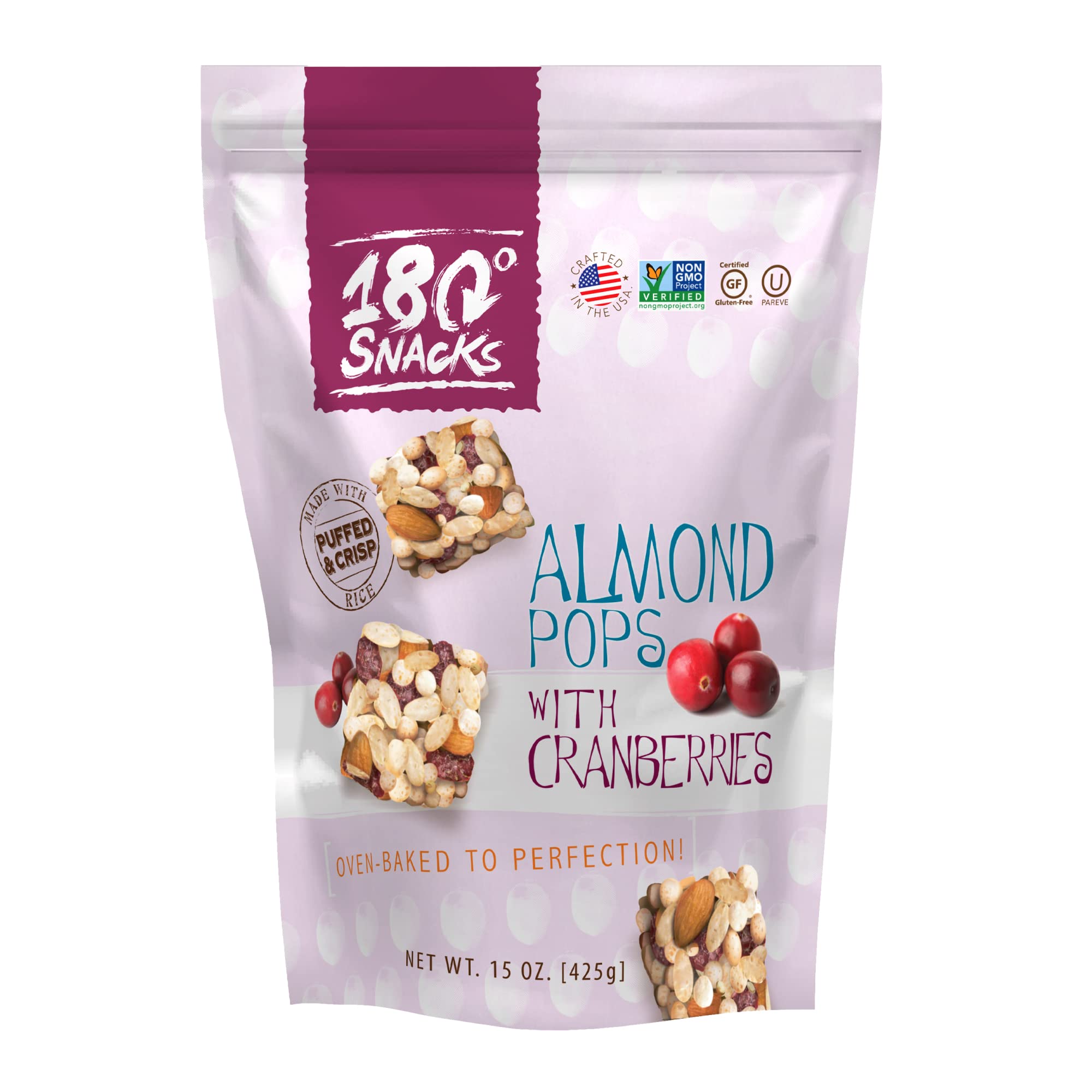 180° Snacks Almond Rice Pops with Cranberries - Tasty, Bite-Size Healthy with 9 Ingredients - Non GMO, Dairy-free, Gluten-Free - EBT Eligible for Kids and Adults - 15 oz