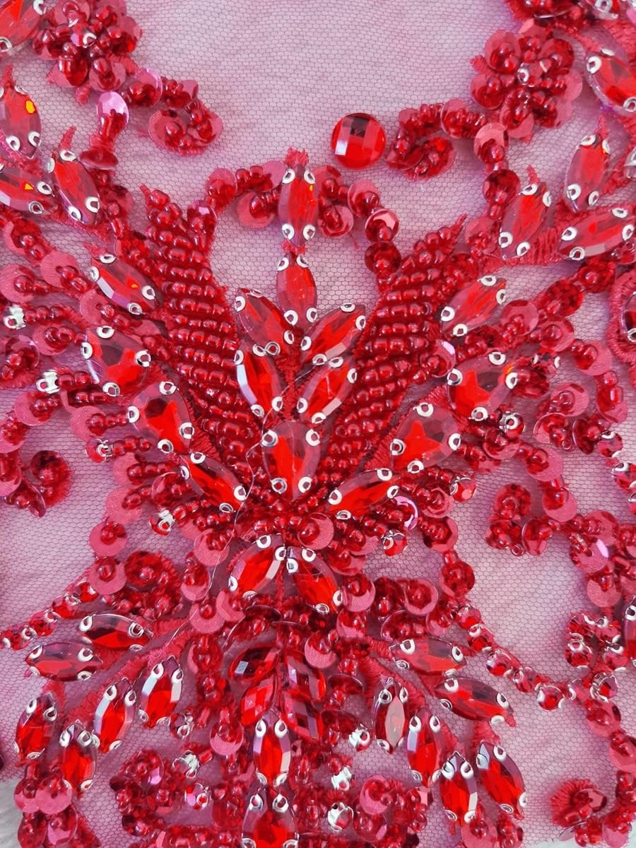Handmade Rhinestones lace Applique handsewing Beads Sequins Trimming Patches for Dress Clothing Accessories More Colour (Red)