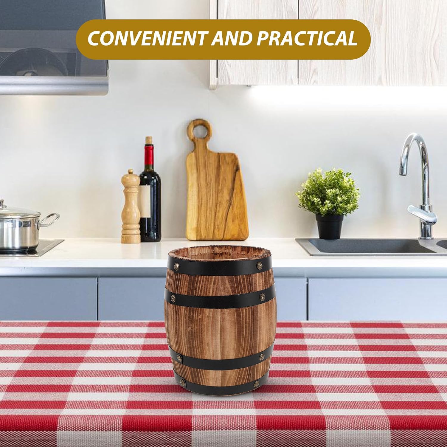 PRETYZOOM Retro Barrel-shaped Wooden Utensil Holder 20cm Oak Finish Spoon and Fork Organizer for Kitchen Countertop Flatware Storage