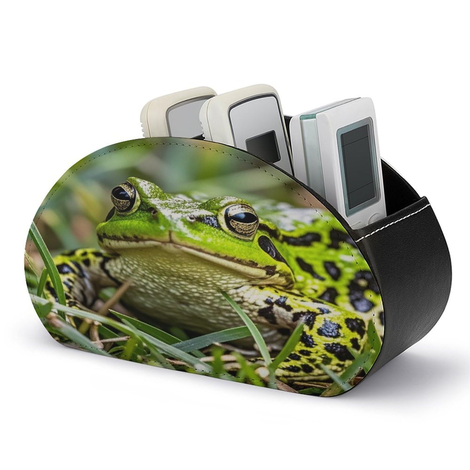 FekiLoot Leather TV Remote Control Holder with 5 Compartments Multifunctional TV Remote Holder Bedside Table Remote Caddy Storage Box Frog Remote Organizer for Home Office