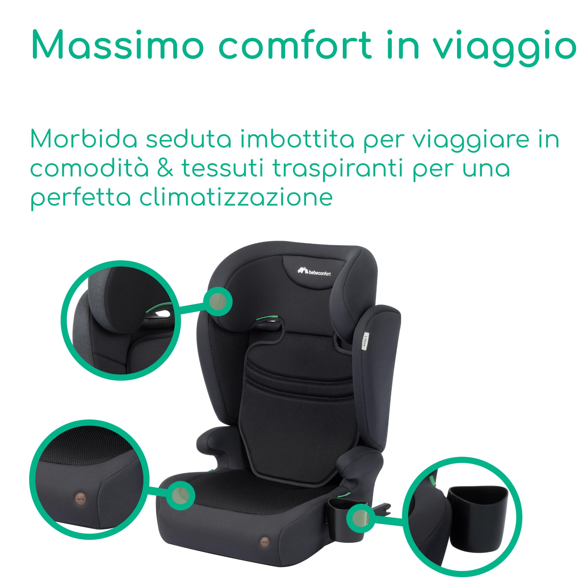 Bebeconfort Ride 2-in-1 i-Size Seggiolino Auto Bambini, 100–150 cm, 3,5–12 anni, Seggiolino Auto ISOFIX, Schienale Rimovibile, Leggero 3,7 kg, Poggiatesta a 11 Posizioni, Portabibite, Full Black