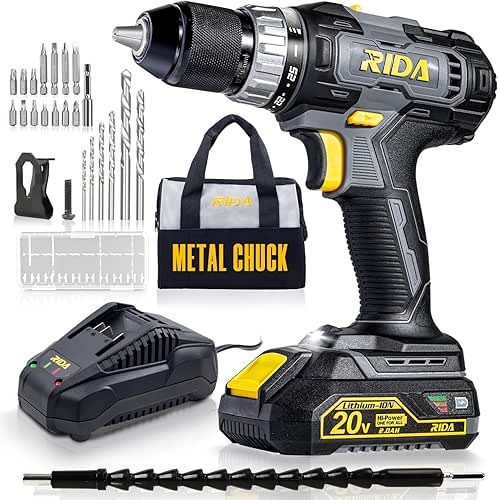 RIDA Cordless Drill Power Drill Cordless 20V 1/2'' Keyless Metal