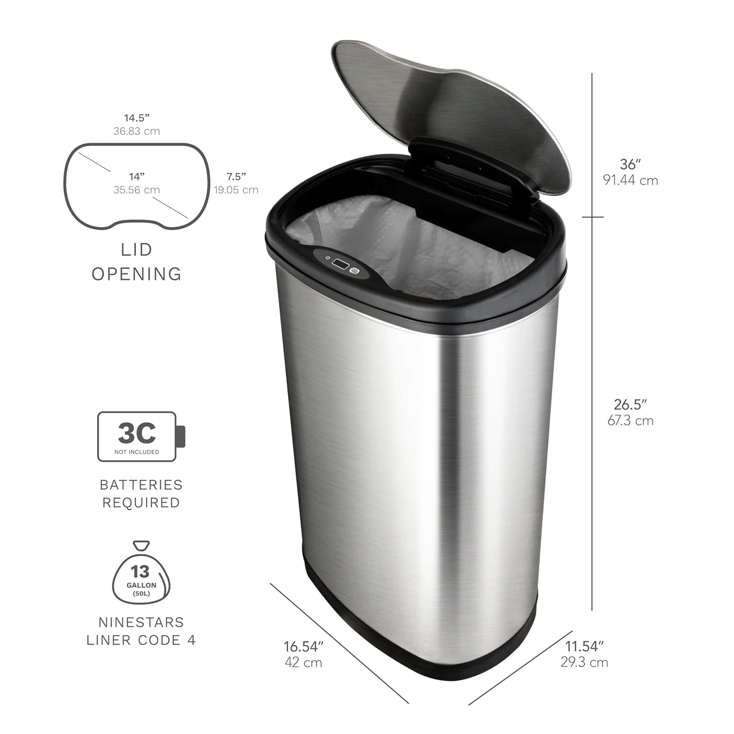 13-Gallon Touchless Kitchen Trash Can – Stainless Steel, Motion Sensor, Soft-Close Lid(Silver)