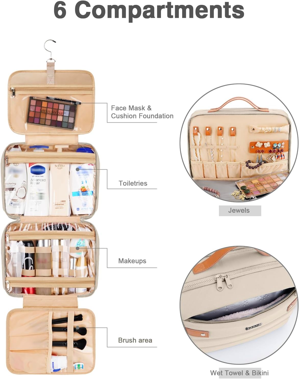 Women's Hanging Toiletry Bag, Waterproof Travel Cosmetic Organizer with Jewelry Storage, Large Capacity Makeup Case for Full-Size Skincare & Bathroom Essentials, Portable Cosmetic kit, Khaki - Image 3