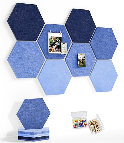 Miniatura 10 de Tablero de anuncios grande de 12 pulgadas con 30 pasadores, paquete de 8 tableros de anuncios de fieltro hexagonal para oficina en casa, azulejos