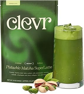 Clevr Pistachio Matcha SuperLatte, Organic Ceremonial Grade, Instant Superfood Powder Blend with Lions Mane, Reishi Mushroom, Coconut Cream, Oat Milk, Ashwagandha, Serve Hot or Iced (14 Lattes)