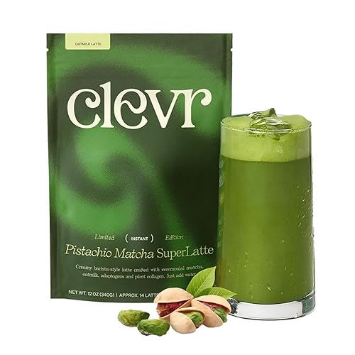 Clevr Pistachio Matcha SuperLatte, grado ceremonial orgánico, mezcla instantánea de superalimento en polvo con melena de león, hongo reishi, crema