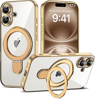 Plating Clear Phone Case for iPhone 16 with Stand 6.1", Gold