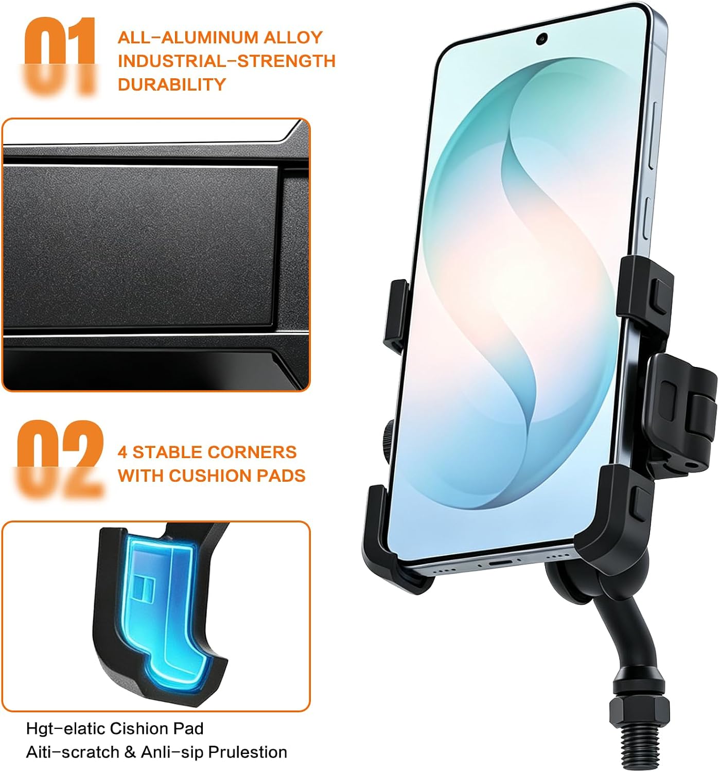 SHEJISI Motorcycle Phone Mount for M10x1.25 Rearview Mirror Mount Hole, Plug-and-Play Space-Saving, Aluminum Alloy One-Click Lock, 360° Rotation, Universal fits 5.5"-7.2" Phones & Action Cameras