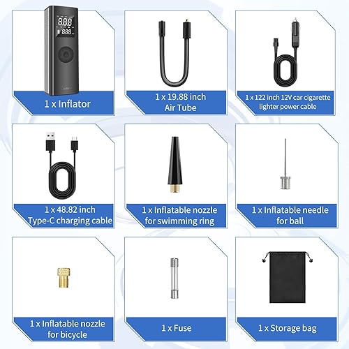 Miniatura 7 de Ljusved Compresor de aire portátil para inflado de neumáticos, 150 PSI versátil recargable con batería inalámbrica para automóvil, bicicleta,