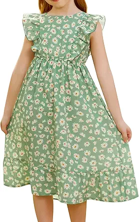 GRACE KARIN Girls Dress Ruffle Sleeve Striped Floral Spring Summer Dress for Kids 6-12Y