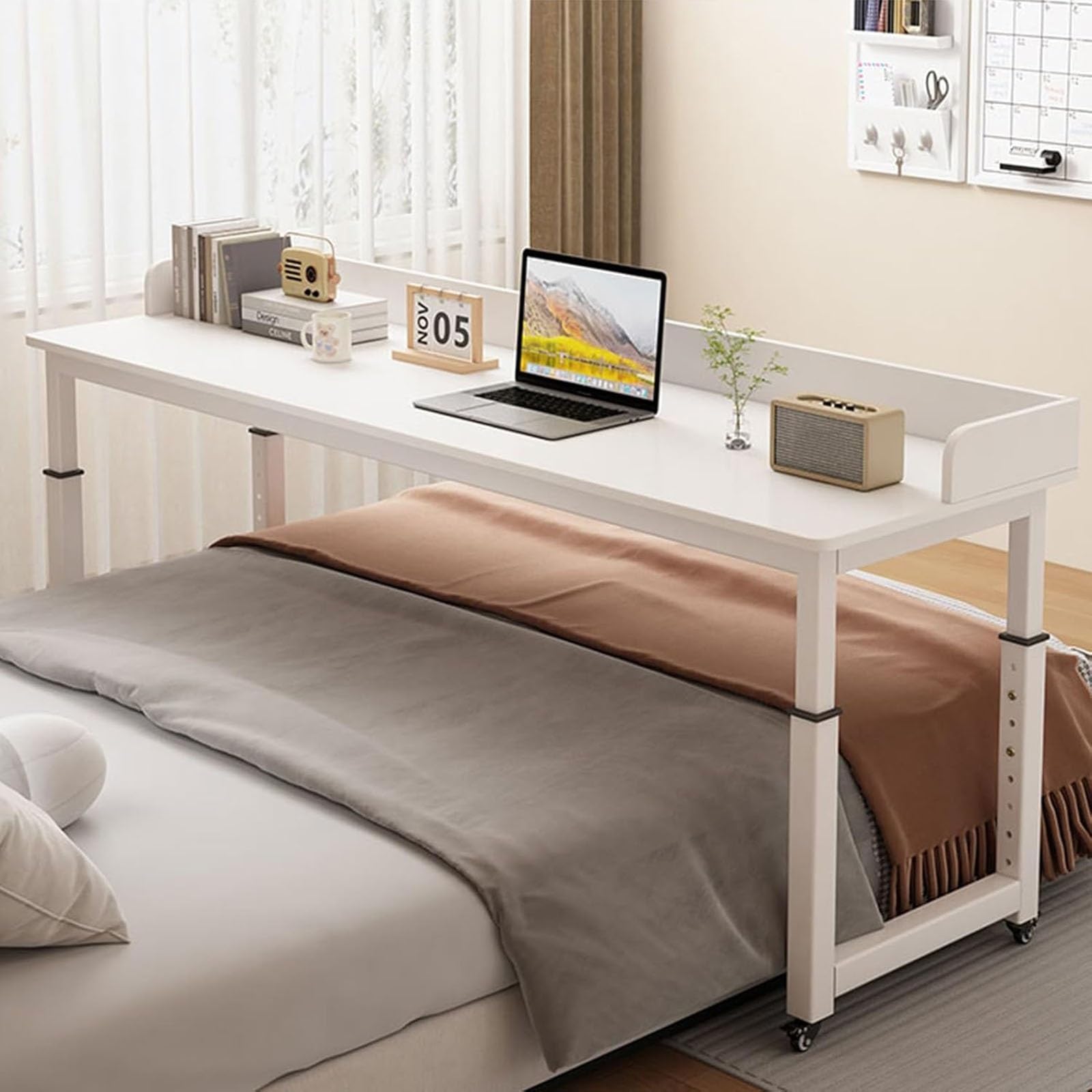 Table de lit avec roulettes pour ordinateur portable hauteur réglable blanche