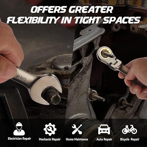 Miniatura 3 de DISEN Juego de 9 llaves de trinquete de cabeza flexible de 90 dientes, métricas 0.315-0.669 in, CRV, juego de llaves de trinquete combinadas de