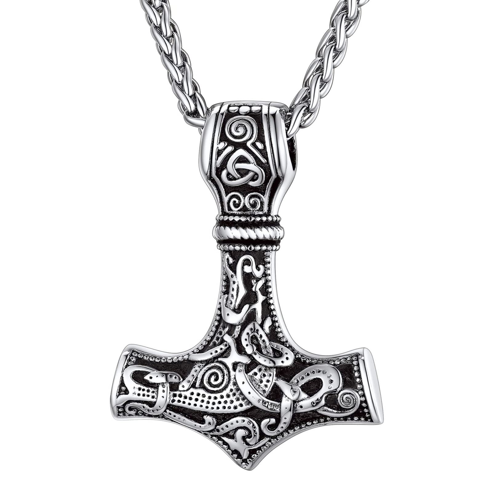 JUZICHEN Martillo De Thor, Cadena Plata Hombre, Colgante Martillo Thor, Cadena Runas Vikingas Amuletos De Proteccion Hacha Vikinga, Vikingos Collar Plata Oro Negro, 60 Cm, Con Caja De Regalo