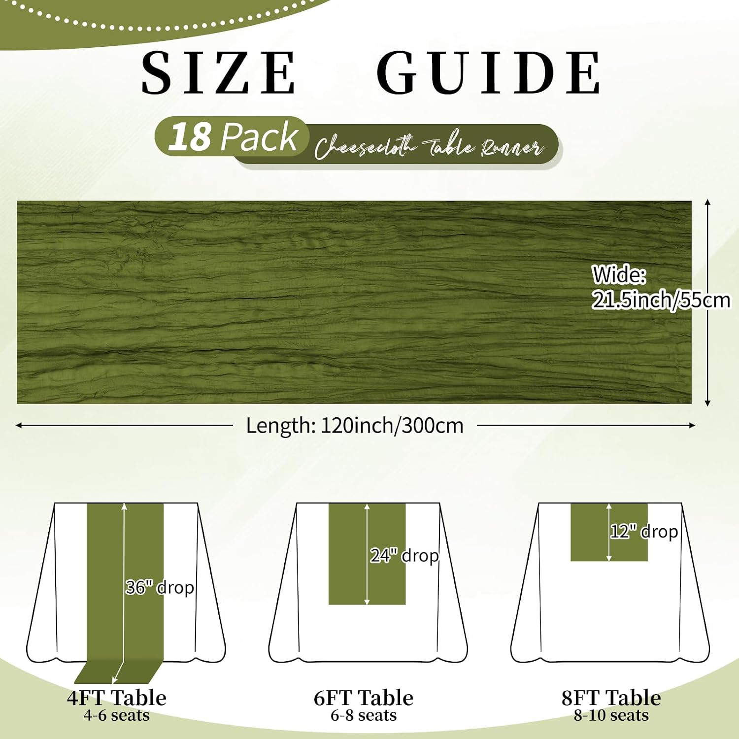 Condition photo showing New/Like New for 18 pack olive green cheesecloth table runner 21.5x120 inch,semi sheer boho gauze cheese cloth fabric table runners 10 ft long for wedding party baby shower birthday home decor olive green 18pack-21.5 × 120 inch