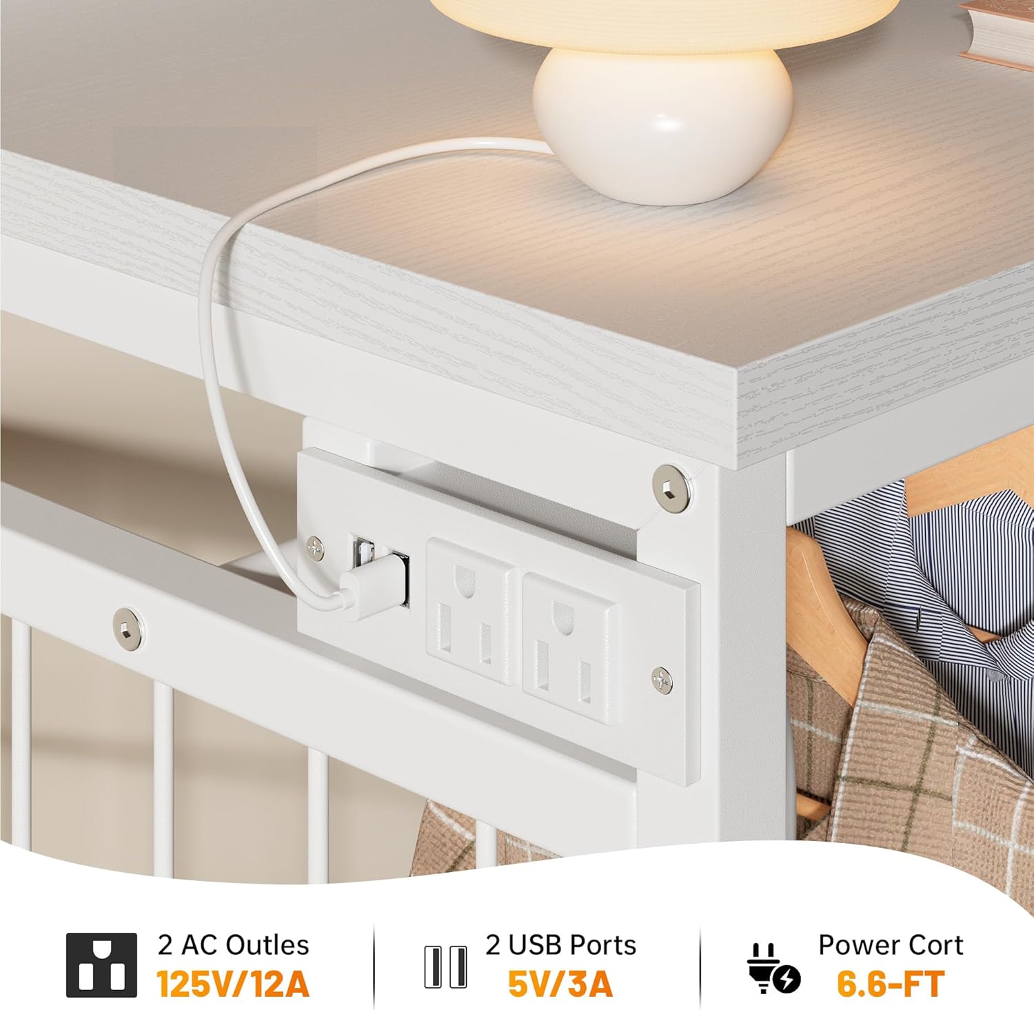 EnHomee 49.2" W Dresser with Hanging Rack & 6 Fabric Drawers for Bedroom, Featuring LED Lights and Charging Station, White Fabric Dressers & Chest of Drawers with Grid Panel & 4 Hooks, Wooden Top