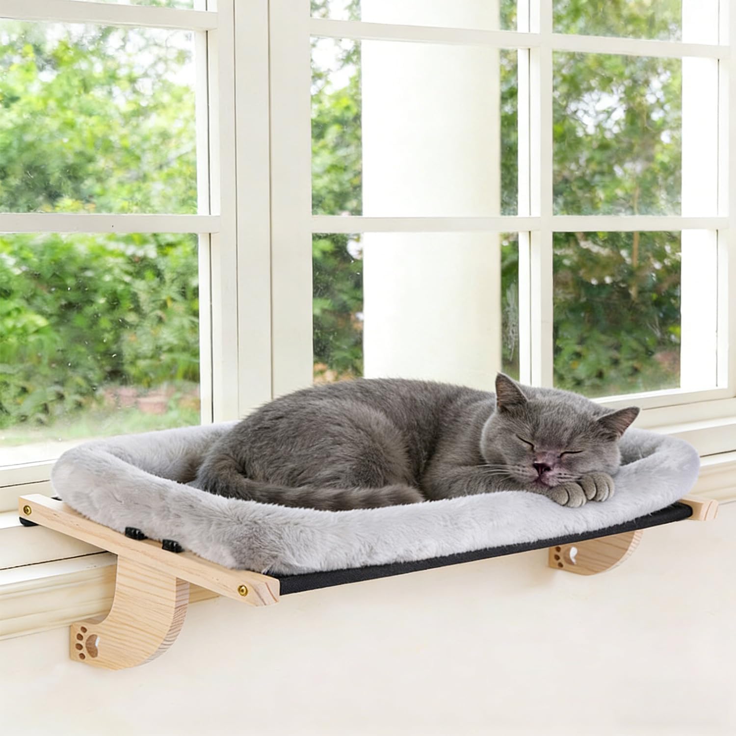 Cat Window Perch Hammock Wall Shelves Beds for Indoor Cats Supplies Design Robust Metal Frame Seat Large Cats and Kittens Pets Natural Wood, 24''L Easy to Adjust Windowsill, Bedside (White)