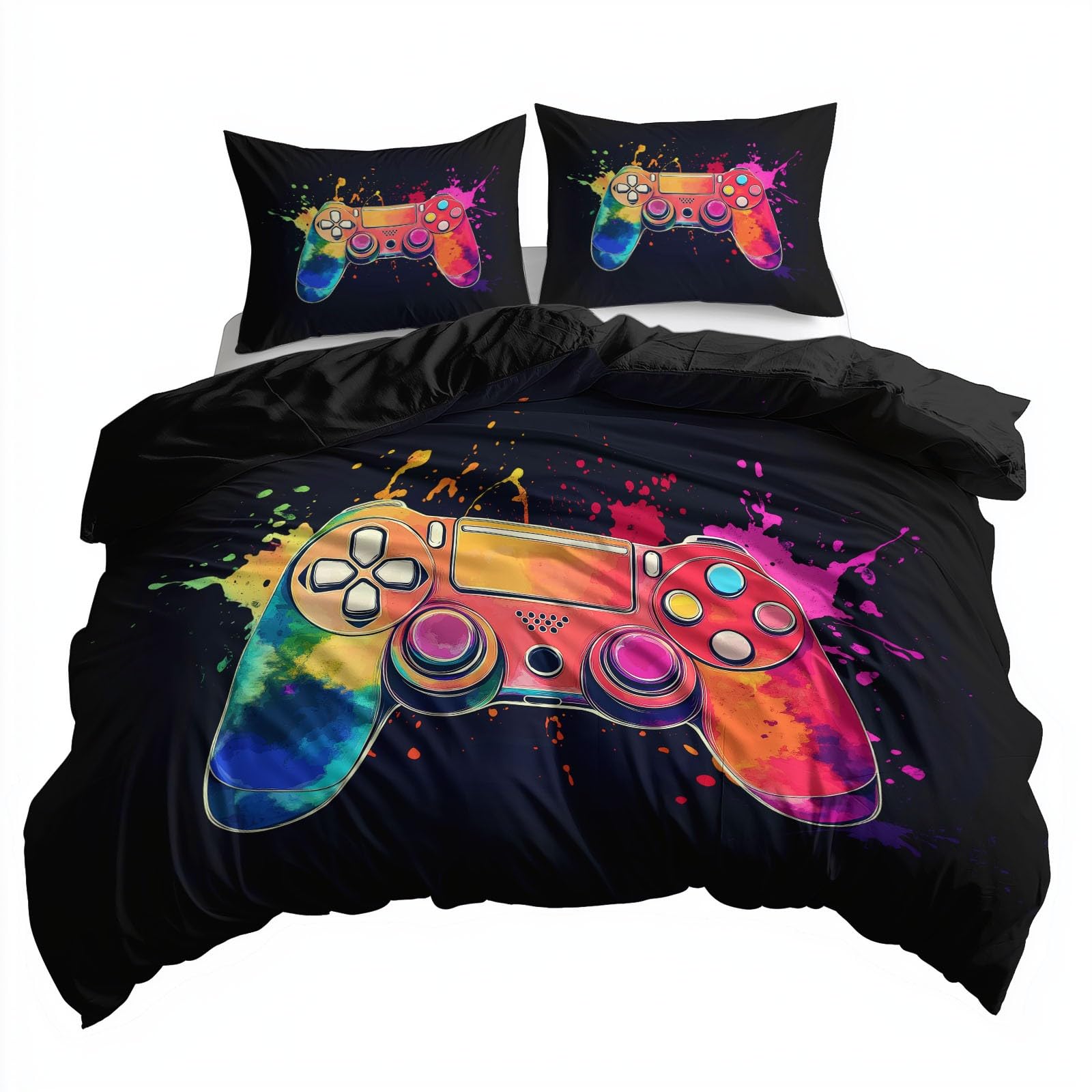 Générique 3-częściowy zestaw pościeli w stylu akwareli gamepad, czarna poszwa na kołdrę dla 2 osób 240 x 260 cm wystrój pokoju dziecięcego - miękka hipoalergiczna poszwa na kołdrę z mikrofibry