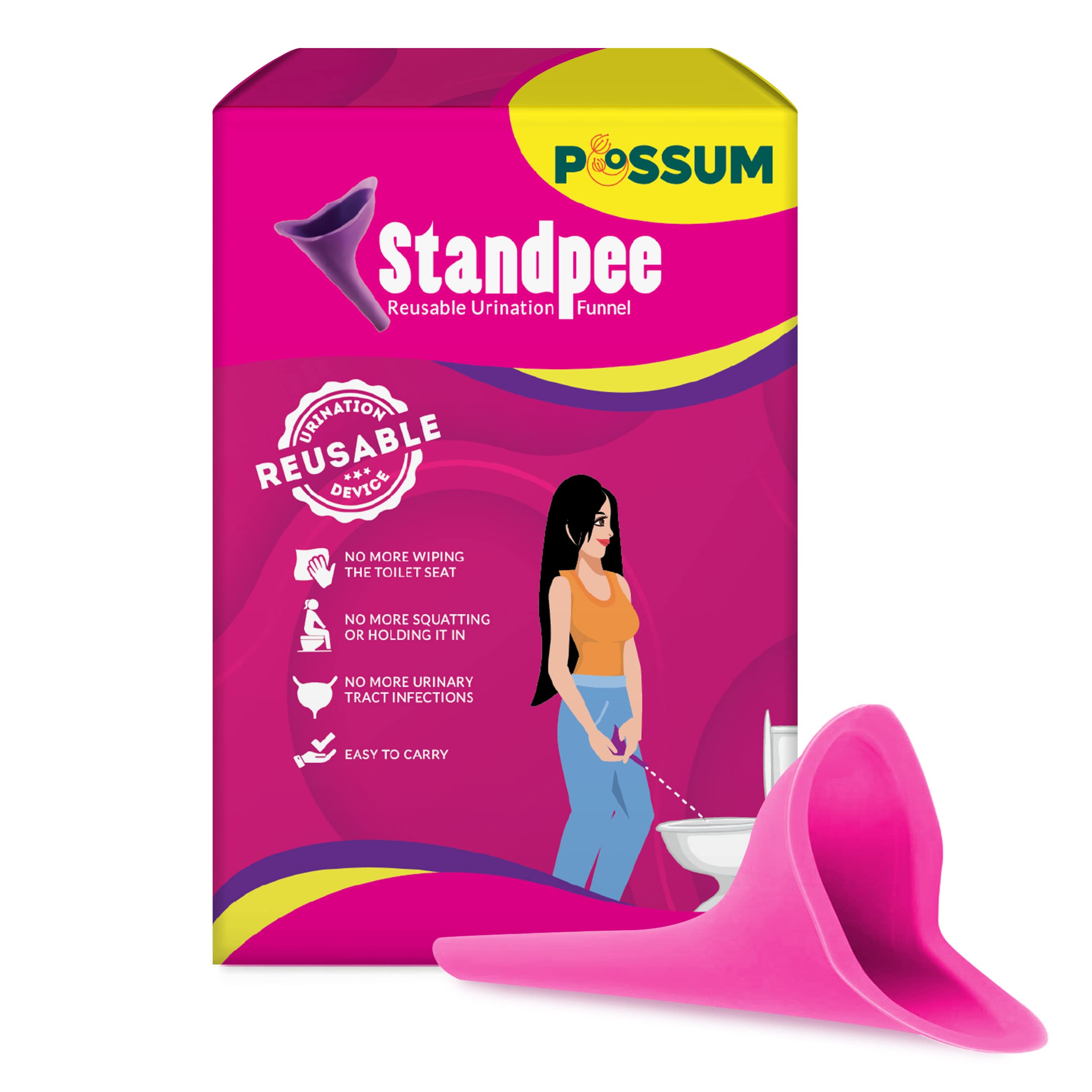 Possum StandPee Reusable Portable Urination Device for Women | Ideal for Public Toilets, Travel, Camping, Hiking and Outdoor Activities | Zero Spillage, Portable and Leak-proof | Medical grade liquid silicone | Pack of 1