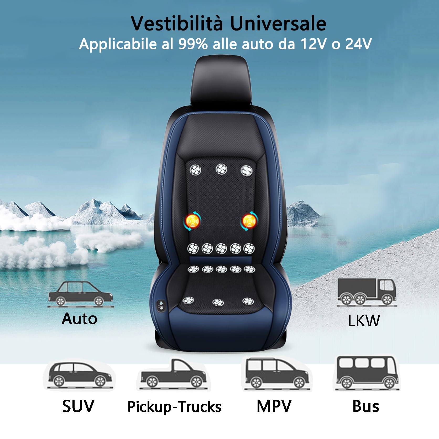 Cuscino Rinfrescante per Sedile Auto 12-24V Coprisedili Anteriori Ventilati con Massaggio Vestibilità Universale Protezione per Seggiolino Auto di Raffreddamento 1 Pezzo (16 Ventilatore Blu)