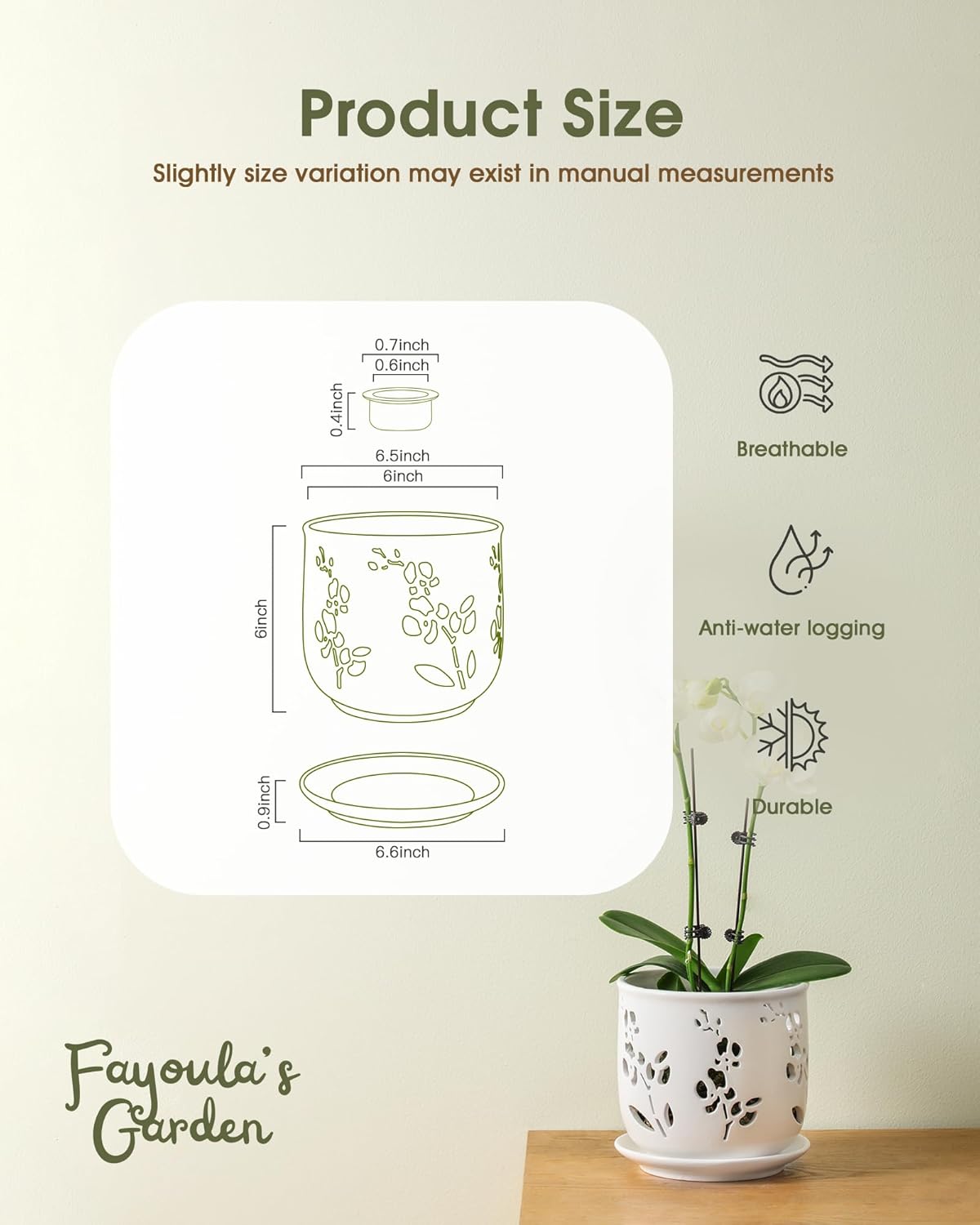 Fayoula Orchid Pot, 6.5 inch Large Orchid Pots with Holes for Healthy Growth and Easy Repotting, Premium Ceramic Orchid Planter for Indoor and Outdoor Use, (Note : Plant Not Included)