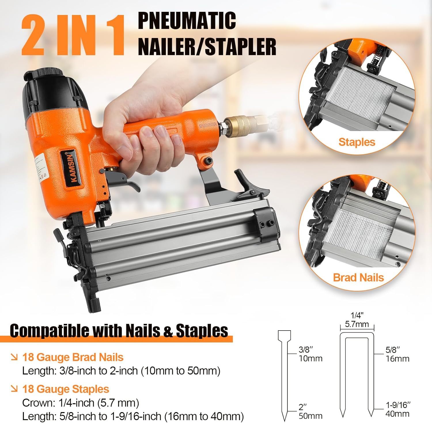F50/9040 Pneumatic 2 in 1 Brad Nailer and Stapler Accepts 18 Gauge 2-Inch Brad Nails and 1/4-Inch Crown Staples, Air Finish Nail Gun and Staple Gun with Carring Case