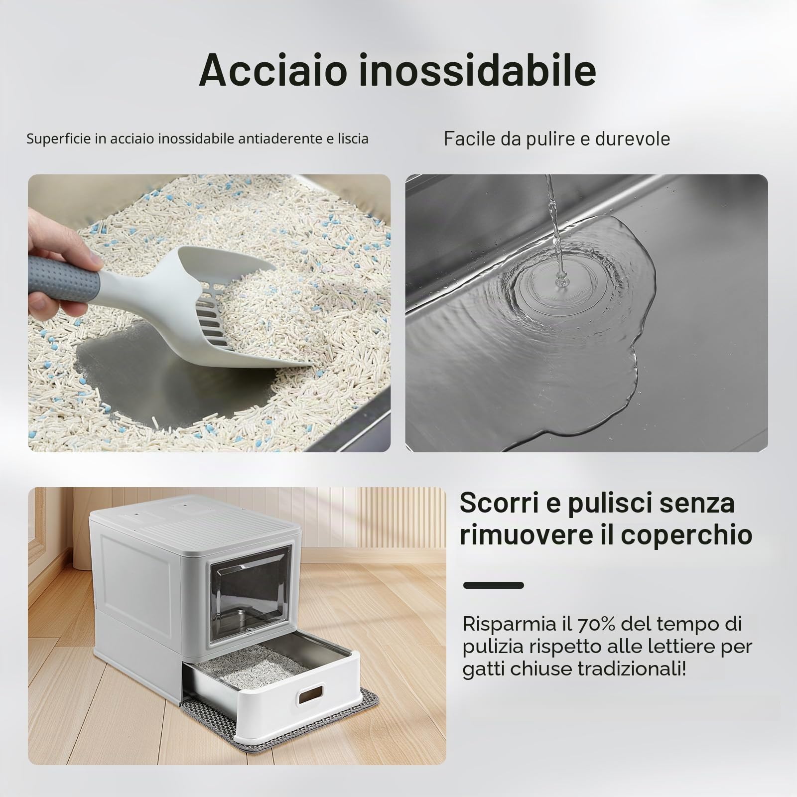 Marchul XL Lettiera per gatti grande, in acciaio inox, con coperchio e cassetto, pareti laterali alte con deflettori antispruzzo, vassoio più profondo con paletta e tappetino, inodore