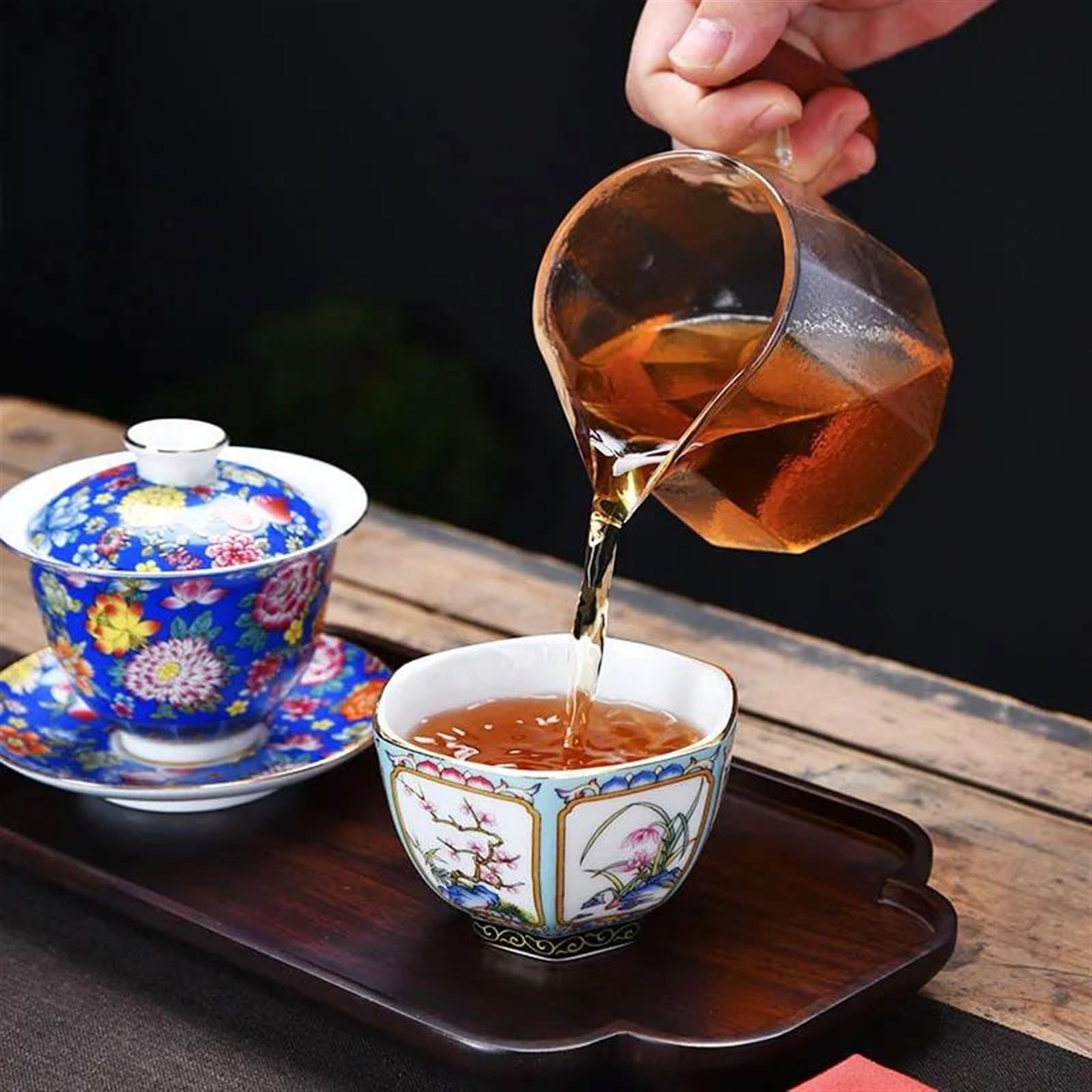 Teeservices Emailliertes Keramik-Retro-Kung-Teeservice Große Teetasse Teeschale Sechseckige Tassen Chinesisches Teeservice Blumenteetassen Reiseteeservice Teekanne (A)