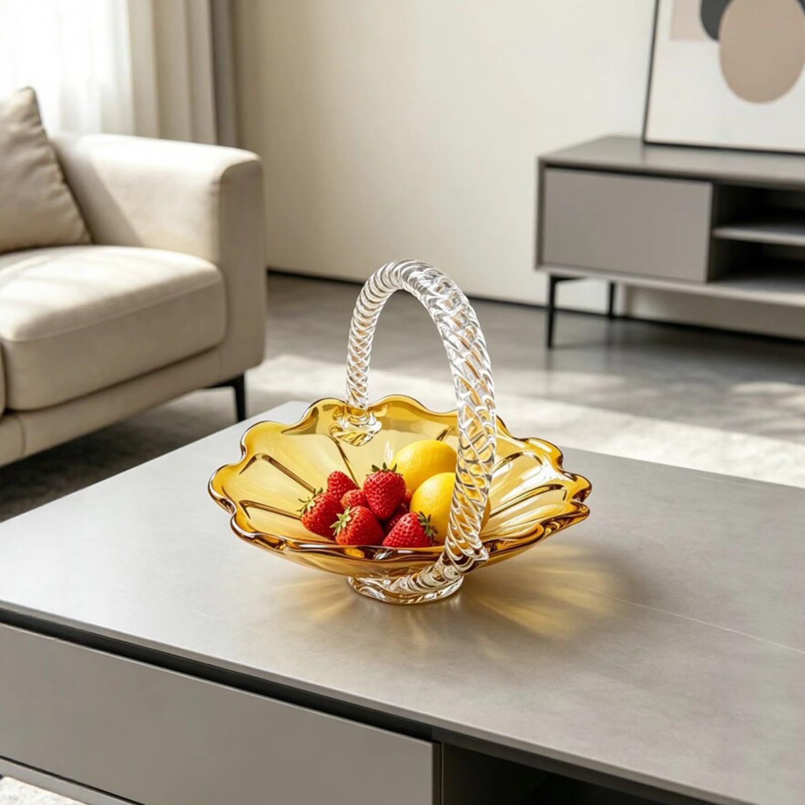 Bandeja de vidrio para servir con mango trenzado, cuenco translúcido perfecto para frutas, aperitivos y platos de vidrio para servir interiores