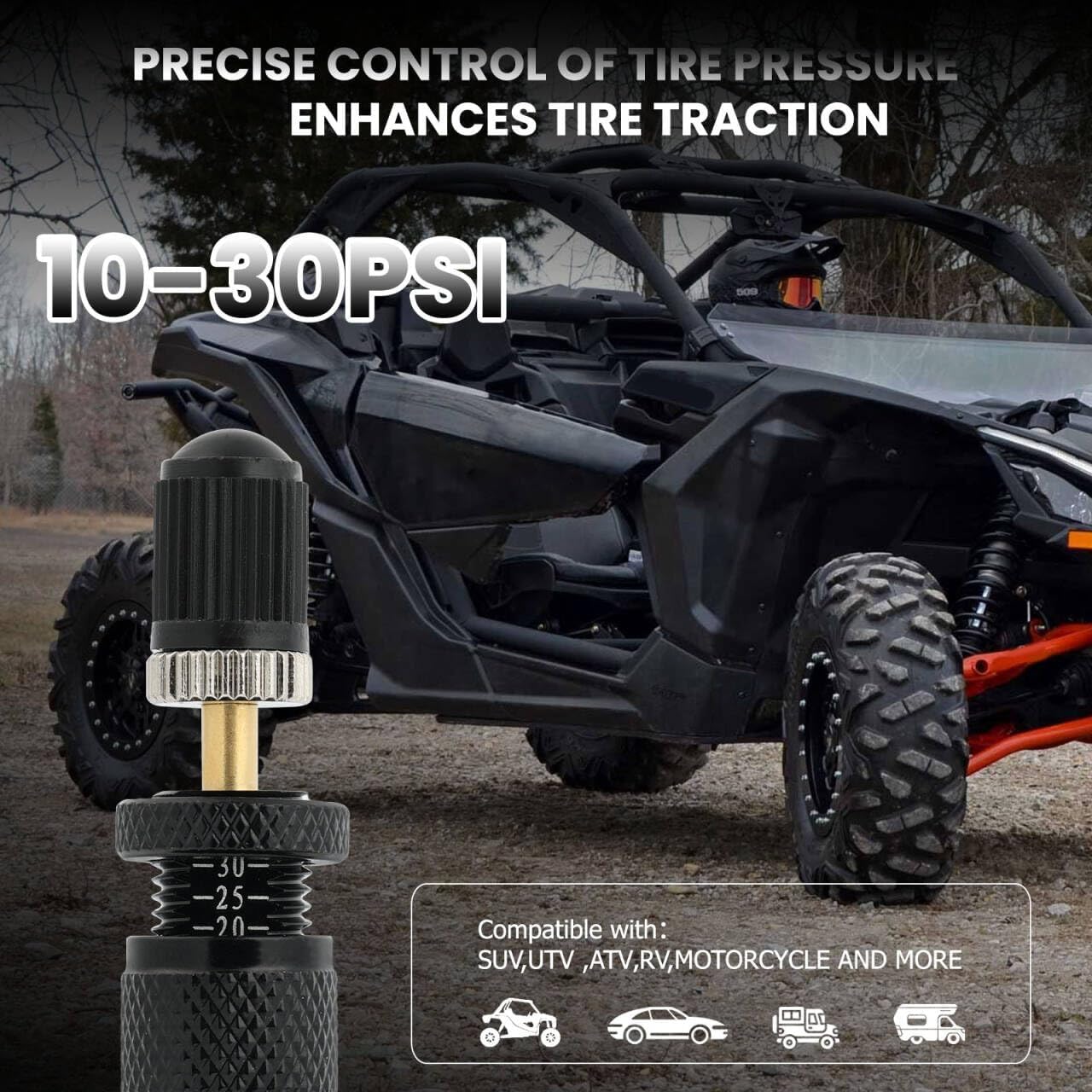 Adjustable Auto-Stop (10-30 PSI) Tire Air Down Deflator Valve Kit,Includes Valve Caps & Storage Bag,4-in-1 Valve Tool Compatible with Car, Truck, Jeep, SUV, ATV(Black)