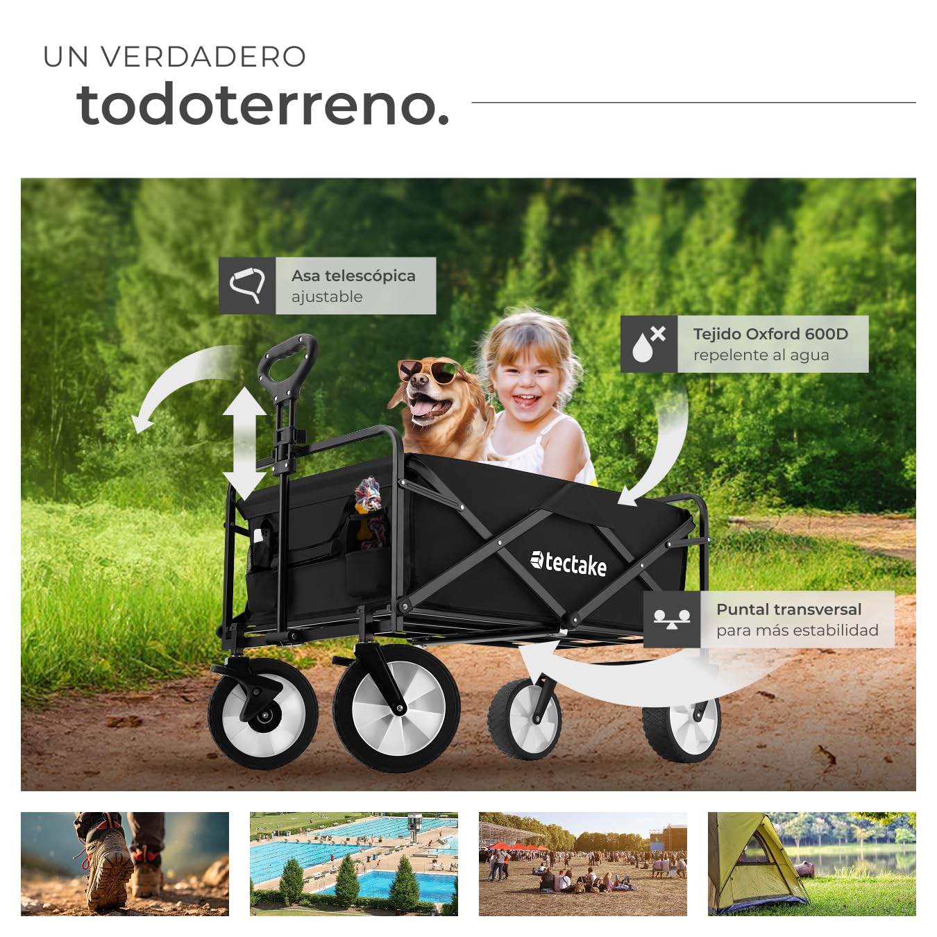 tectake® Carro Plegable para Jardín, Carro Transporte en Acero, Carrito Playa con Asa Telescópica, Carretilla Jardín con Lona Extraíble, Carro Camping Multiuso con Bolsa Transporte, Carga 80 kg, Negro