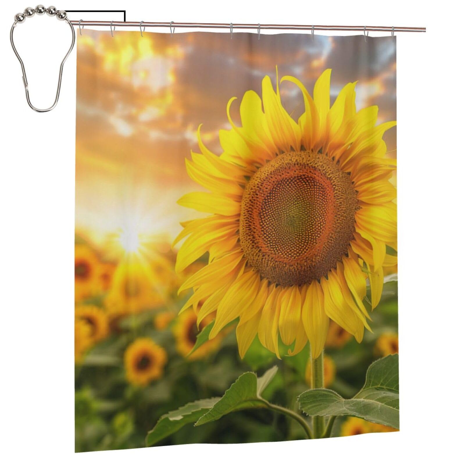 BWWHCCTI Sunflower Printed Shower Curtain With 12 Iron Hooks Opaque Quick Drying Waterproof Shower Curtains Sets For Bathroom 152x183 Cm