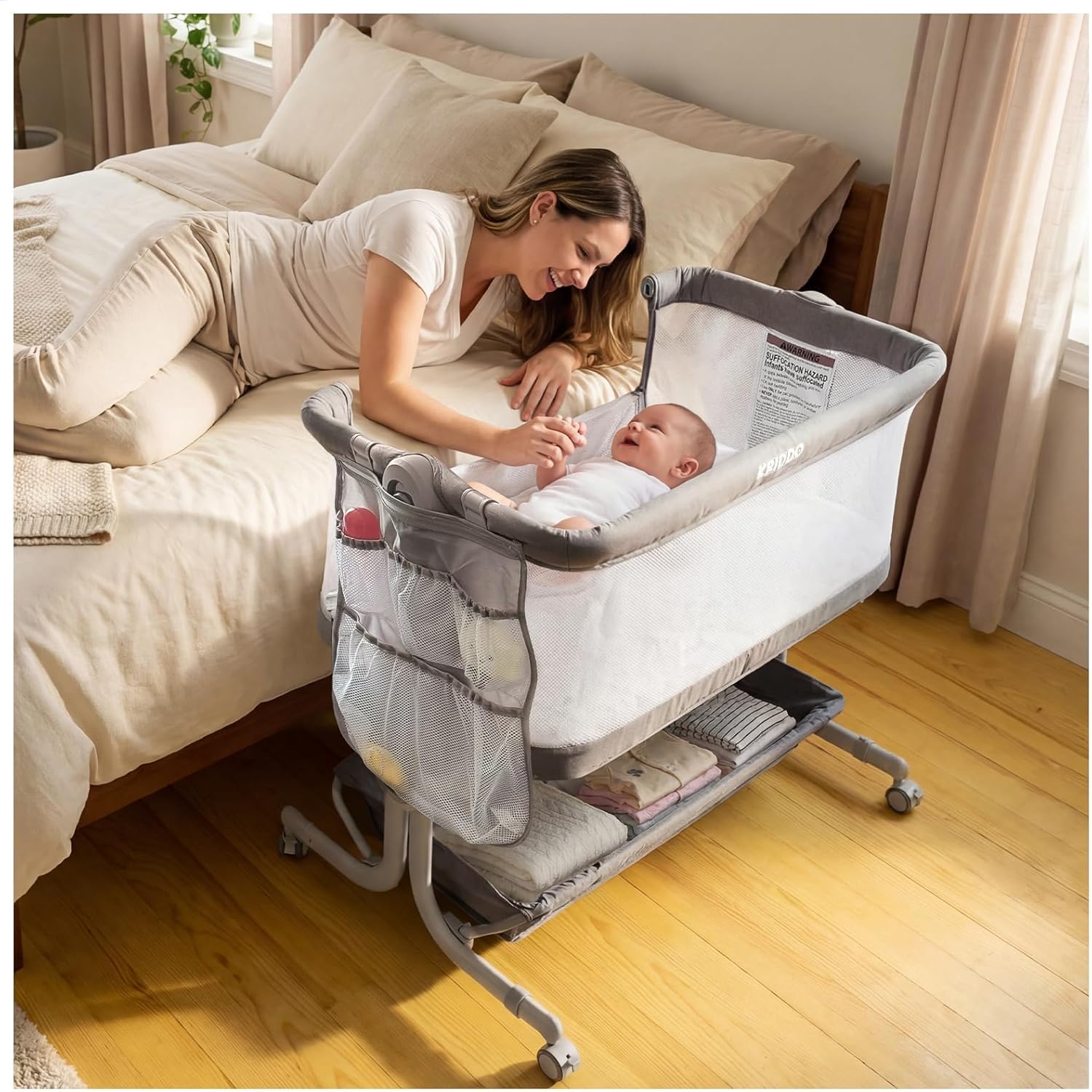 KRIDDO 2-in-1 Baby Bassinet for Infant, Bedside Bassinet with All-around Breathable Mesh, Lockable Wheels, Adjustable Height and Incline, Bedside Sleeper for Baby with Large Storage Basket, Light Grey