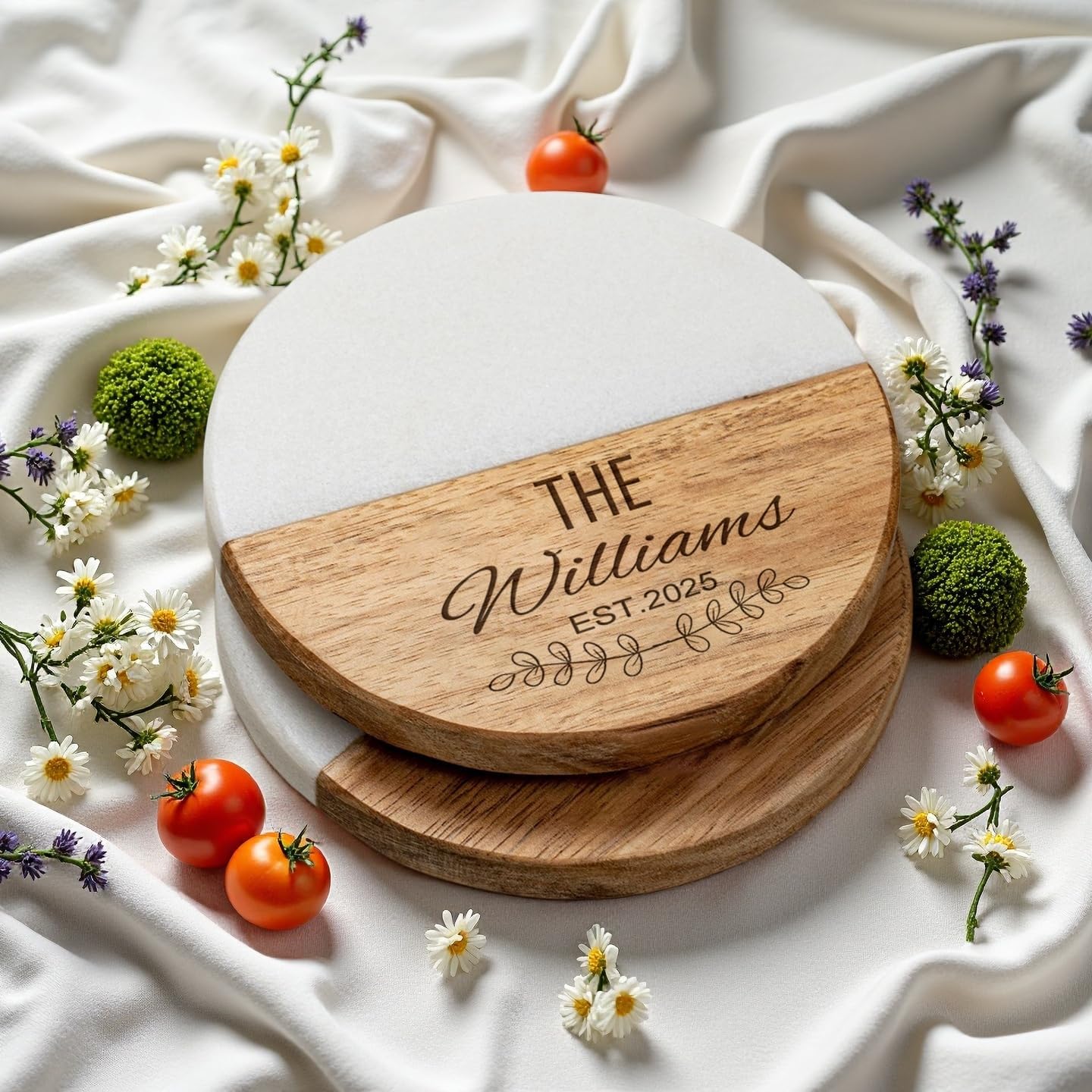 Set of 6 Personalized Coasters Wedding Gift for Couple Custom Custom Wood Bar Coasters for Drinks with Monogram Engraved Great Newlywed
