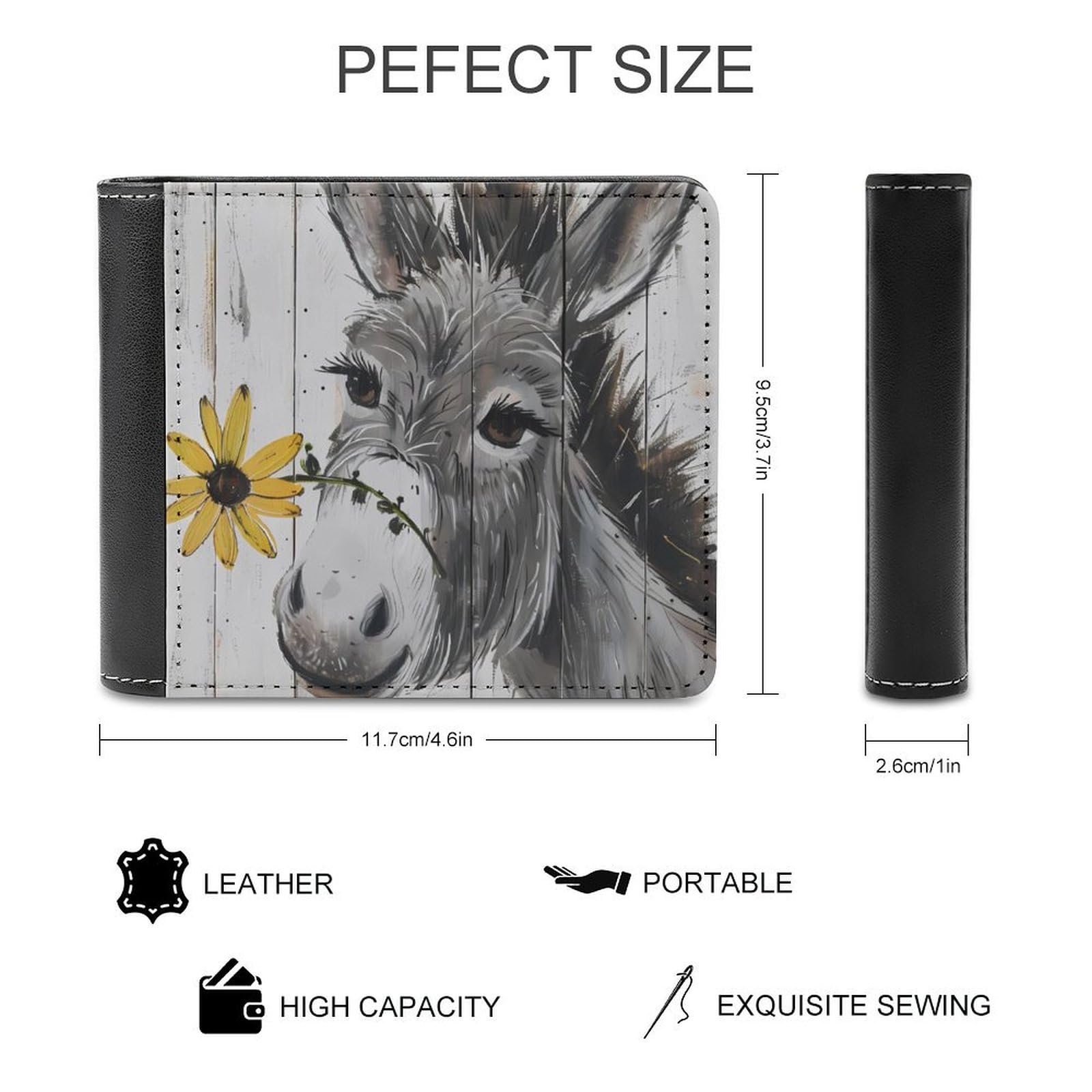Cute Donkey with Daisy Flower Funny Men's Slim Bifold Wallet with Multiple Card Slots Front Pocket Purse
