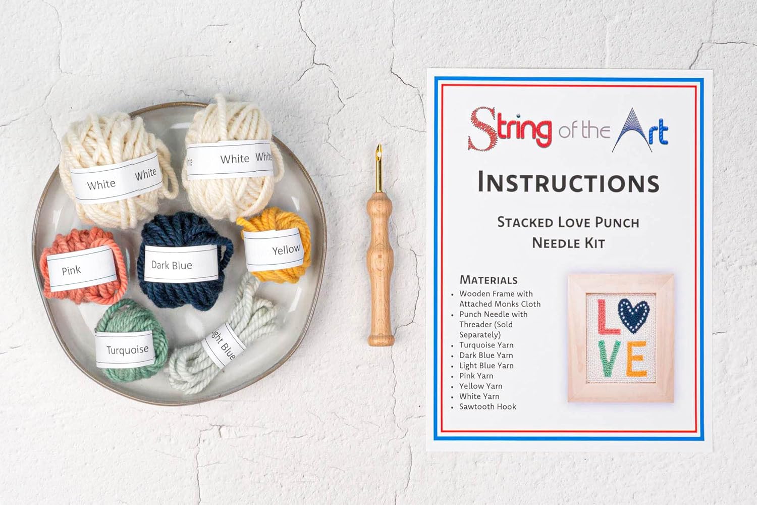 String of the Art Love Punch Needle Kit - Includes Punch Needle Tool, 100% Wool Yarn, Pre-Stretched Monks Cloth On Wooden Frame, and More