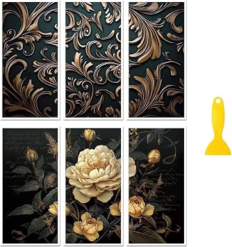 Peacoblue Rub on Transfer Decal Sticker for Furniture Craft Decor 6"x12" Retro Flowers and Texture, 6Pcs Waterproof UV DTF Transfer for Drawer Dresser Glass Porcelain Wood Plastic Window