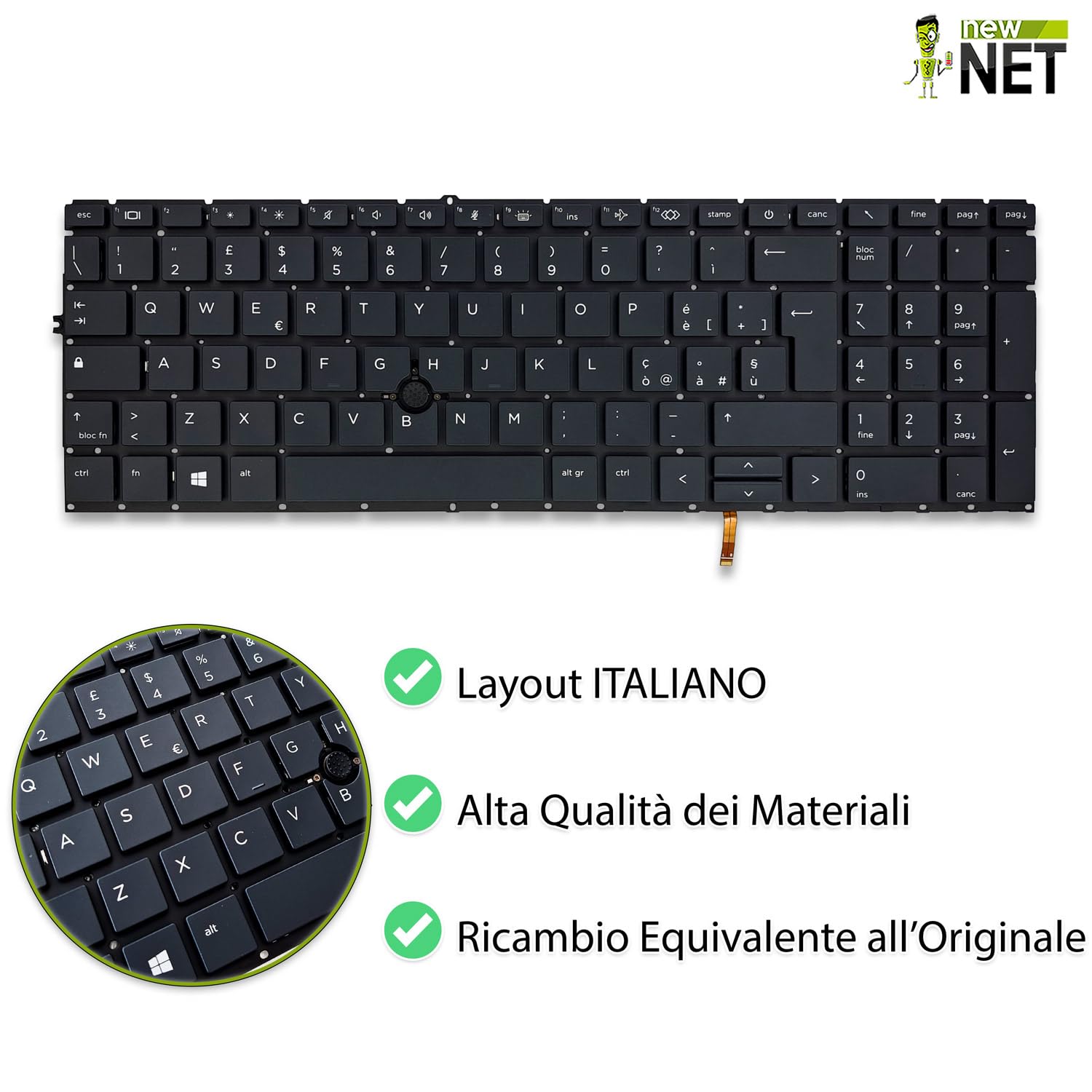 new net - Tastiera Compatibile con HP EliteBook 850 G7, 850 G8, 855 G7, 855 G8 [Senza Frame - Colore Tasti Grigio - Trackpoint - Retroilluminata - Layout ITA]