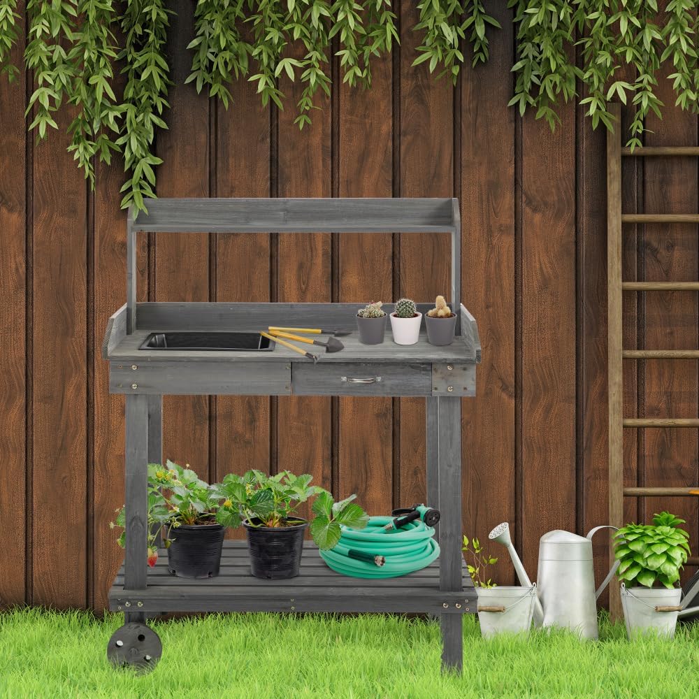Sturdy Wooden Potting Bench with Removable Sink, Rolling Wheels, Spacious Storage Shelves and Drawer for Garden Workstation Use