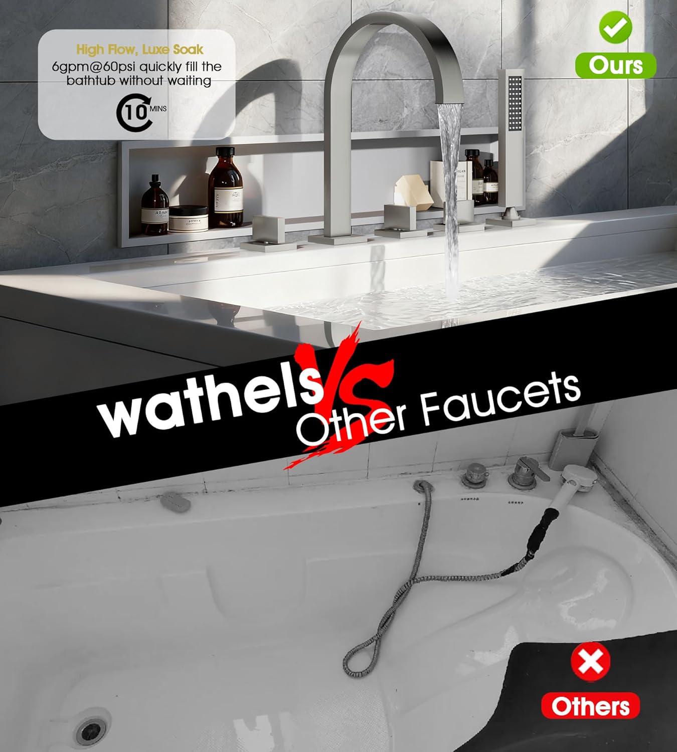 Roman Bathtub Faucet Set with Handheld Sprayer and Rough-in Valve Widespread Deck Mount 5 Hole Classic High Arch Tub Faucets Trim Kit 3 Handle with Diverter Lever Bath Tub Filler (Brushed nickel)