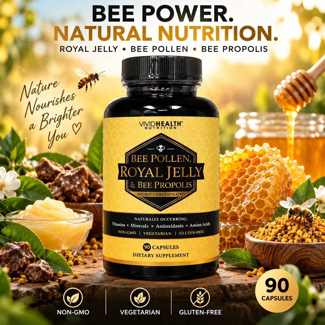 Royal Jelly, Bee Pollen & Bee Propolis Supplement, 90 Capsules