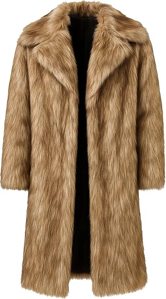 Mens Warm Fur Long Sleeve Coats Trendy Fuzzy Fox Fleece Jacket Classic Faux Mink Fur Length Coat Winter Khaki 1,Large